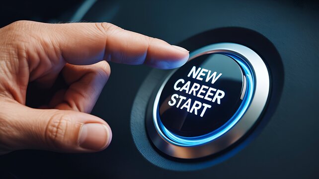 New career start concept with finger pressing illuminated business button