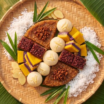 Filipino kakanin rice cake flat lay display with coconut and banana leaf.