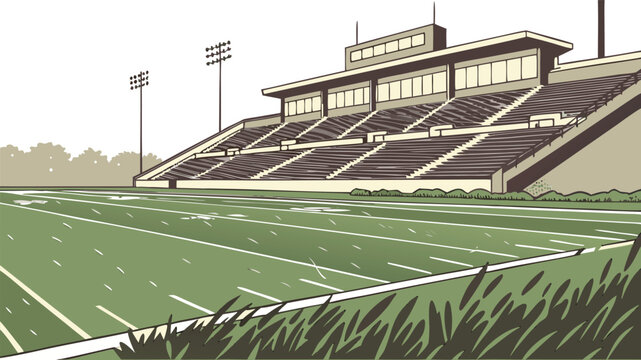 Empty american football stadium with green grass field and bleachers under a clear sky in a detailed hand drawn