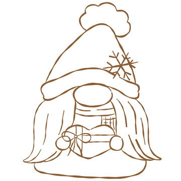 Cute Christmas gnomes and cozy winter line art vector collection set, featuring Scandinavian gnomes, capybara in cozy winter outfit, Christmas decorations, candy cane, ribbon bow, holly leaves, and ho