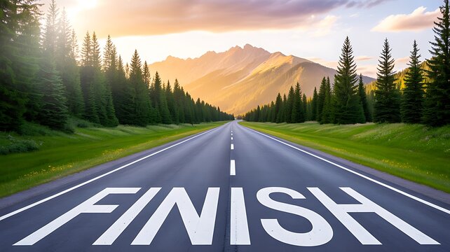 Finish goal concept with open road leading through scenic mountain landscape