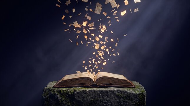 Magical Open Spellbook with Flying Glowing Pages on Ancient Stone Pedestal
