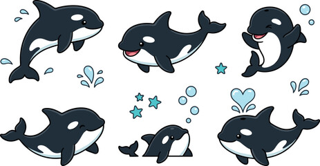 Cute Killer Whale Orca Vector Cartoon Character Collection with Water Splashes and Bubbles for Kids Marine Life Projects and Seamless Pattern Designs © MstSapla