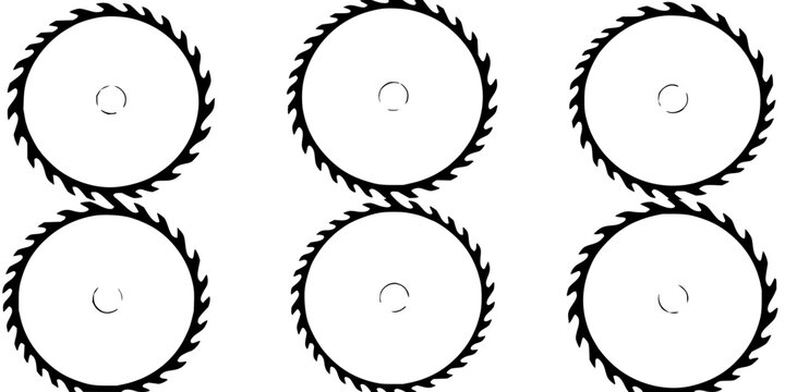 Circular saw blades set with a 2x3 grid on a white background rendered in minimalist black and white vector style featuring sharp teeth, central holes, high contrast with precision and symmetry