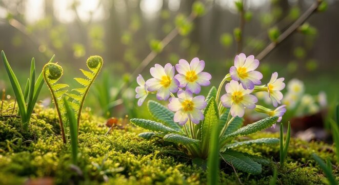 Delicate wild primroses bloom in soft spring sunlight