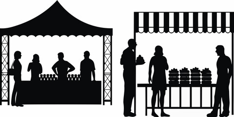 market scene silhouettes on white background people stalls tent striped awning black transparent © Juel