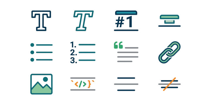 Set of minimalist text formatting and content editor interface icons.