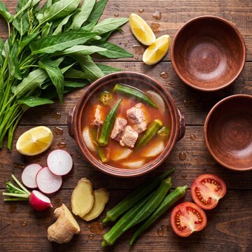 Overhead flat lay display of steaming sinigang soup and fresh tropical ingredients.
