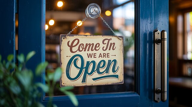 Come in we are open hanging shop sign on storefront entrance door