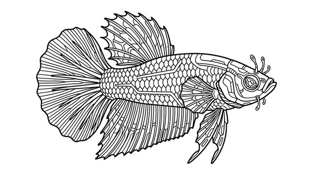 Intricate Siamese fighting fish line art illustration.