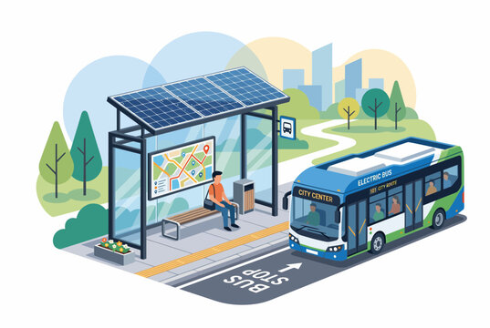 Isometric Sustainable Electric Public Transportation and Solar Bus Stop