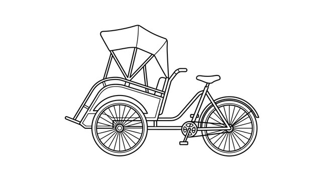 Traditional cycle rickshaw tricycle line art illustration.