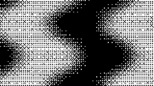 Abstract black and white halftone pixel pattern background with geometric square dot waves and digital minimalist texture.