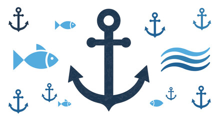 Nautical set with anchors fish and waves in blue flat style © NafiCraft