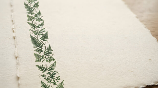 Fern leaf border on textured paper. Botanical print on handmade stationery background.