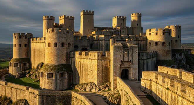 Majestic Medieval Castle Fortress Bathed in Golden Sunlight