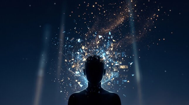 Digital Human Head Silhouette Exploding with Glowing Data Particles Representing AI Mind Concept