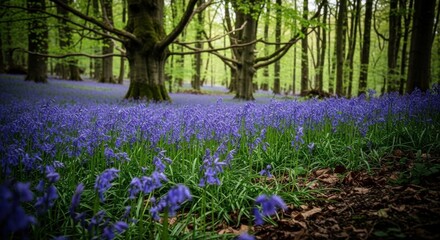 Fototapeta premium A vast carpet of purple bluebells blooming in a sun-dappled forest in spring