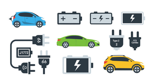 Electric Vehicle and Charging Infrastructure Vector Icon Set