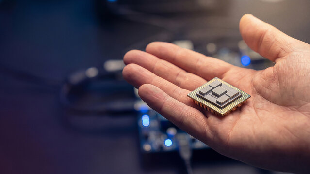 青色LEDが灯る基板を背景に半導体チップを持つ手のひら