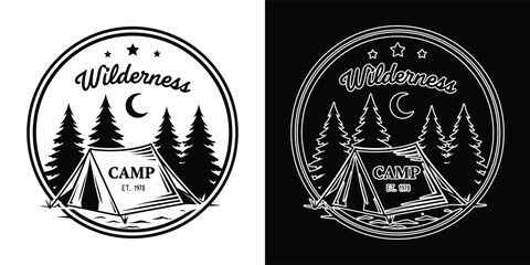 Wilderness camp logo with tent and pine trees © Ahsanul