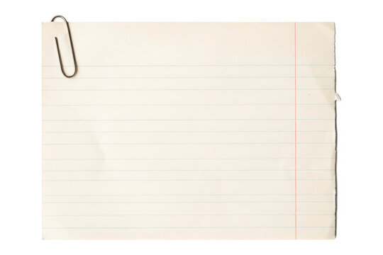 Blank lined paper sheet with metal paperclip attached isolated on transparent background office stationery document note template white vintage textured surface.