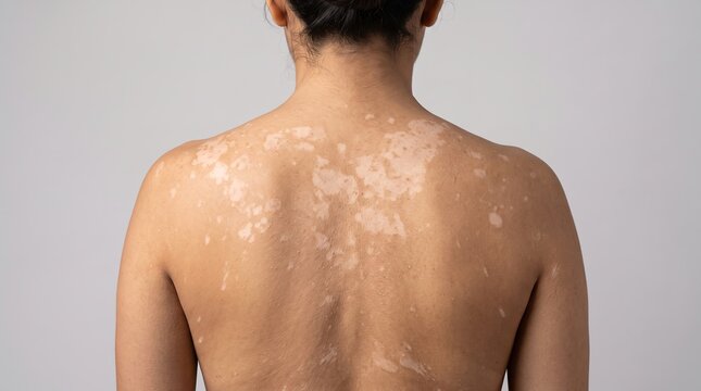 Back view of female upper body showing widespread vitiligo depigmented skin patches