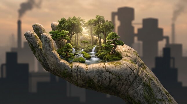 Giant Stone Hand Holding Green Oasis Forest Against Polluted Industrial City Backdrop