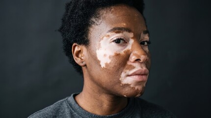 Obraz premium Portrait of young black woman with prominent facial vitiligo patches looking at camera