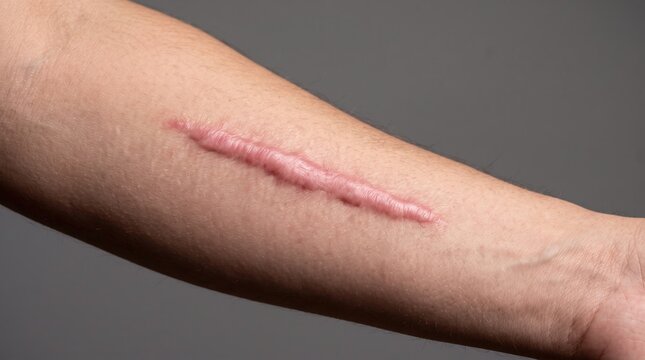 Close up shot of linear raised hypertrophic scar on forearm from surgical incision