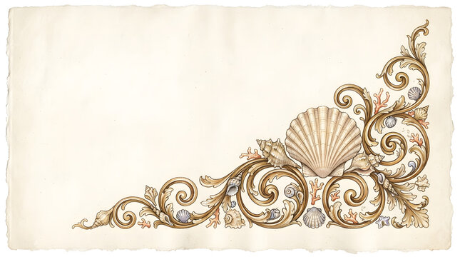 Seashell scroll corner design. Decorative vintage border with marine shells and flourishes.