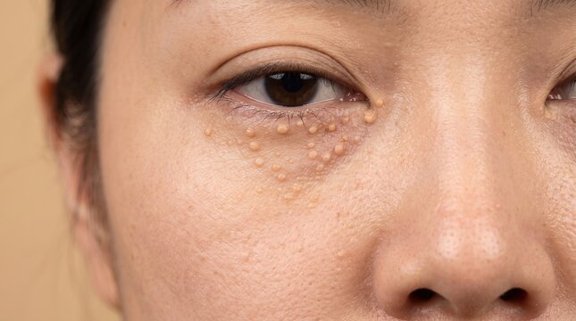 Close up of syringoma papules cluster under lower eyelid of Asian woman