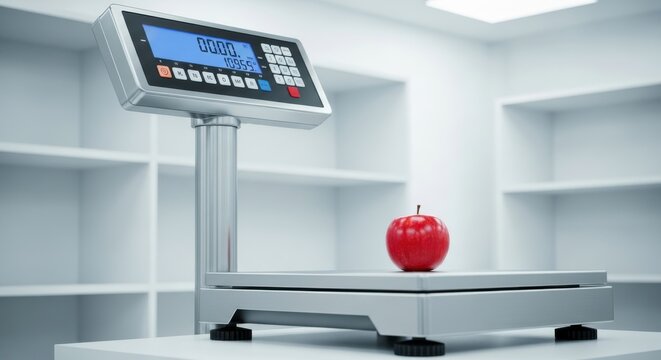 Red apple on digital weighing scale in bright setting