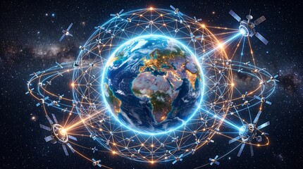 Global satellite communication network connecting planet earth through digital data streams across deep space orbit