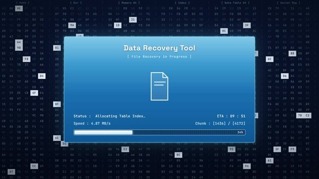 Data recovery tool interface scanning disk and restoring files with animated progress bar
