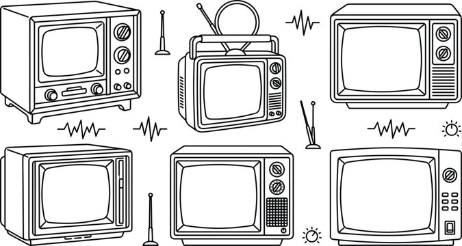 Retro television vector icon set featuring vintage old TV screen antenna dials signal waves line art doodle symbols