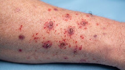 Fototapeta premium Extreme macro of pseudo folliculitis barbae skin lesion with ingrown curly hair on arm