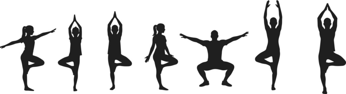 Yoga poses silhouette vector set &ndash; tree pose and squat posture illustrations, fitness exercise clipart, meditation body balance workout design