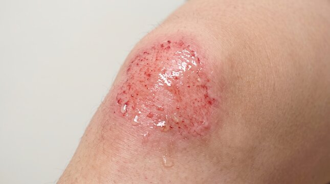 Close up of fresh abrasion wound on human knee skin with oozing exudate and redness