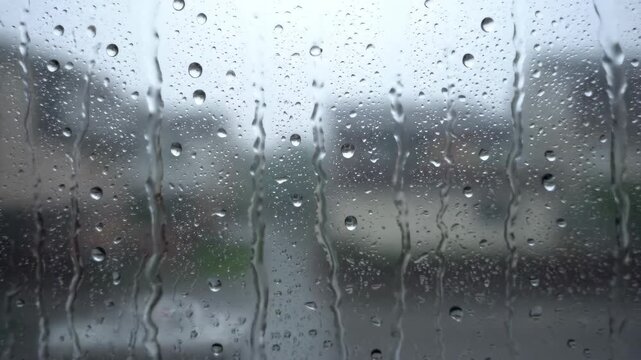 Close up of raindrops on glass, raindrops sliding outside the window on a rainy day
