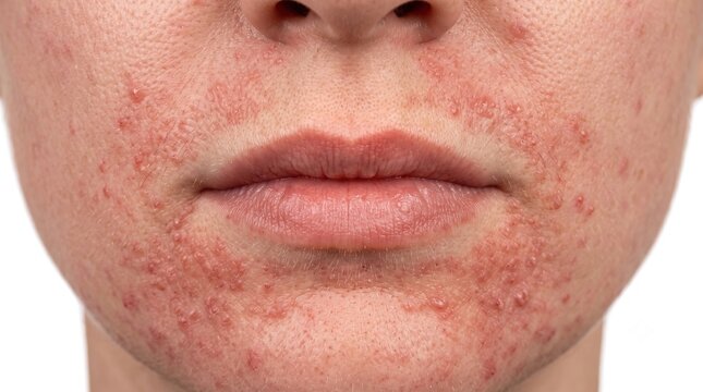 Frontal close up view of perioral dermatitis papules and erythematous rash surrounding mouth