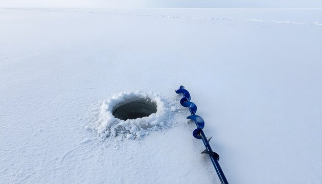 Sharp steel ice auger resting next to a perfectly drilled circular hole in the ice of a frozen lake.