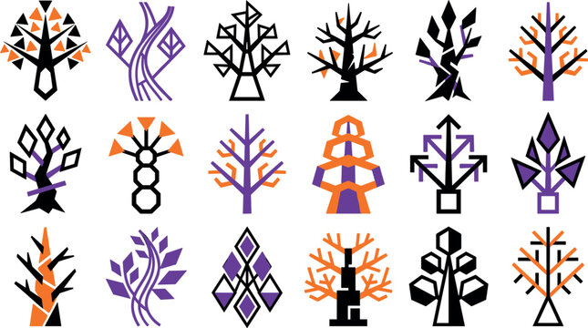 Geometric Halloween Tree Icon Set with Minimalist Spooky Forest Trunk and Branch Shapes for Vector Graphic Designs