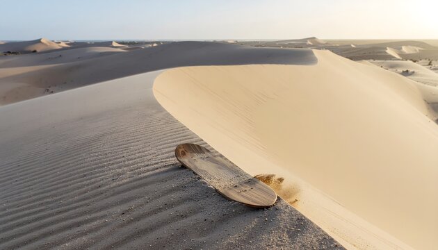 Waxed wooden sandboard resting at the sharp peak of a massive golden sand dune with blowing sand.