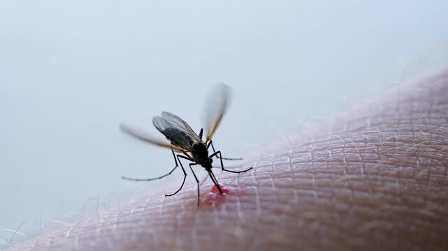 Mosquito Feeding on Human Skin in Close-Up