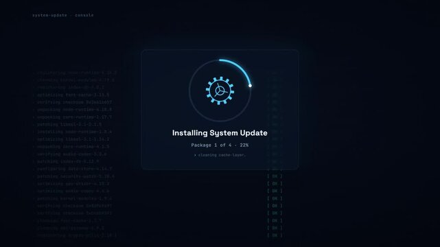 System software update installation screen with rotating loading ring and progress to completion