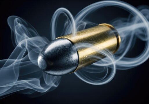 Brass bullet casing traveling through dense white smoke.
