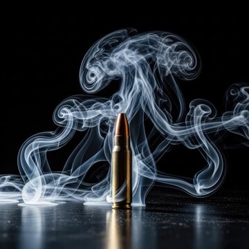 Brass bullet casing with thick white smoke on black