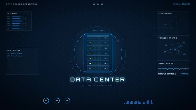 Data center operations dashboard with server racks and network monitoring traffic surge alert