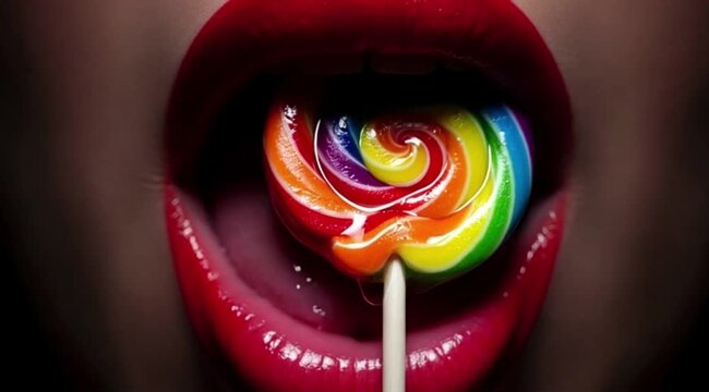 Colorful Swirled Lollipop Being Eaten Close Up Motion Sequence